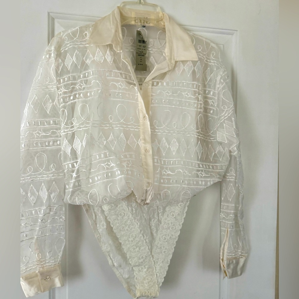 Elegant White And Cream Lace Bodysuit Blouse